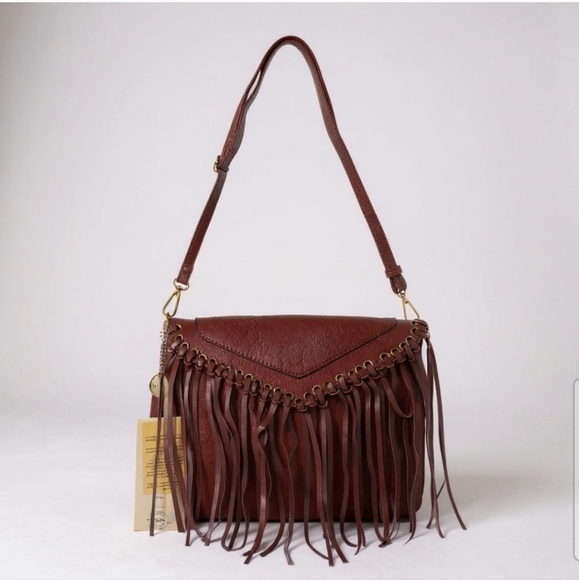 Ampere Dallas Vegan Leather Fringe Boho Burgundy Southwest Crossbody - Picture 3 of 7